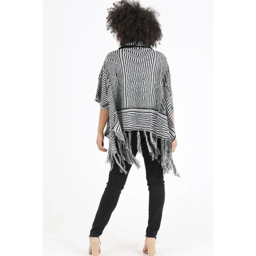 Angie Black White Turtleneck Fringe Poncho Sweater | Boho Fall Winter Layer
